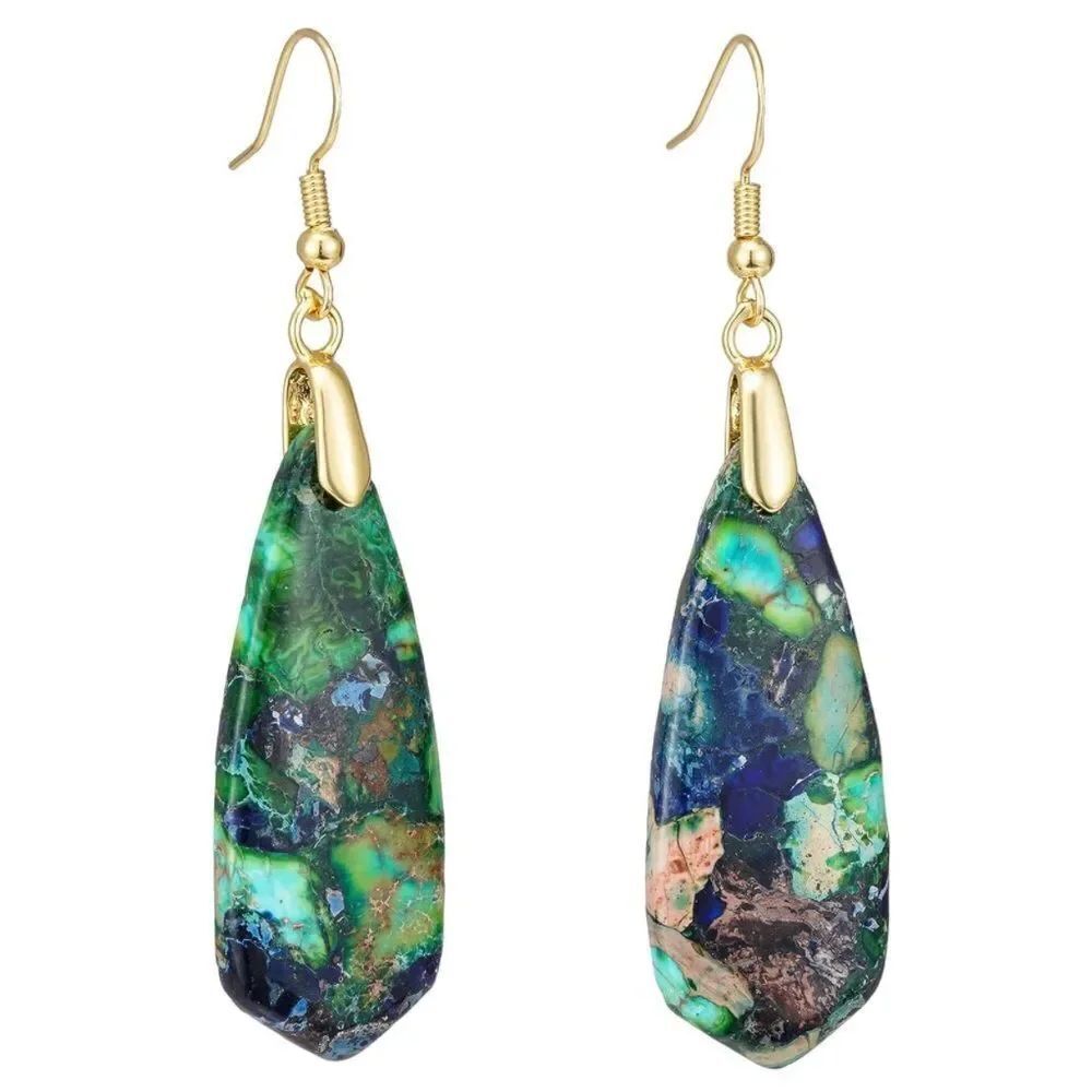 18K Yellow Gold with Natural Imperial Blue Green Jasper Stone Drop Hook Earrings